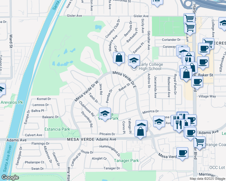 map of restaurants, bars, coffee shops, grocery stores, and more near 2952 Pemba Drive in Costa Mesa