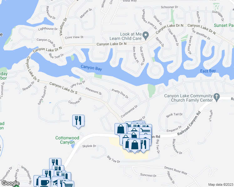 map of restaurants, bars, coffee shops, grocery stores, and more near 23201 Pretty Doe Drive in Canyon Lake