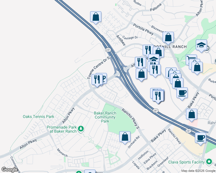 map of restaurants, bars, coffee shops, grocery stores, and more near 300 Sunflower in Lake Forest