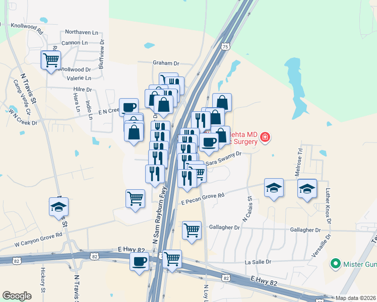 map of restaurants, bars, coffee shops, grocery stores, and more near 4111 North Highway 75 in Sherman