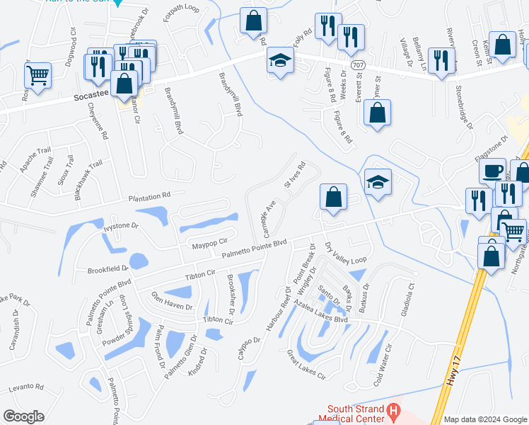 map of restaurants, bars, coffee shops, grocery stores, and more near 3909 Carnegie Avenue in Myrtle Beach