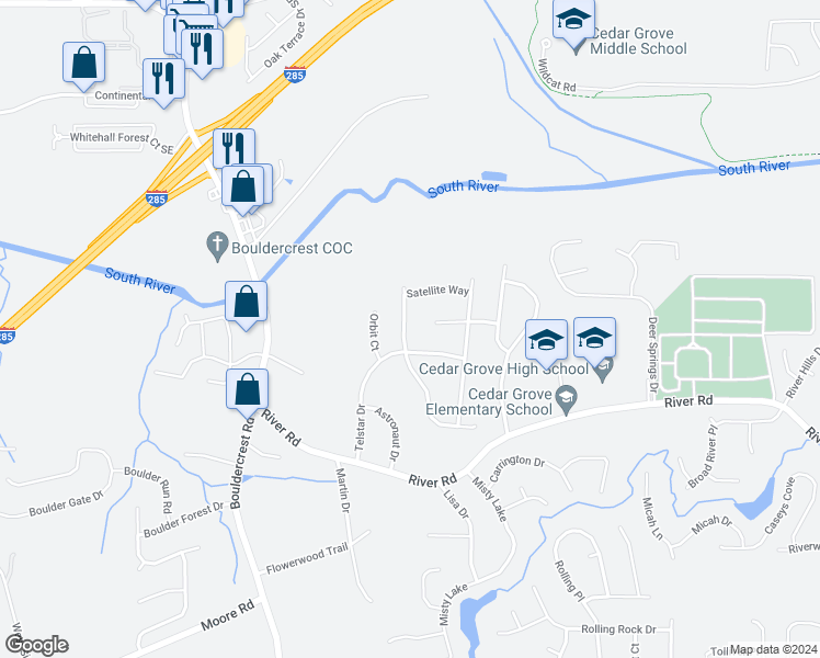map of restaurants, bars, coffee shops, grocery stores, and more near 3576 Satellite Boulevard in Ellenwood