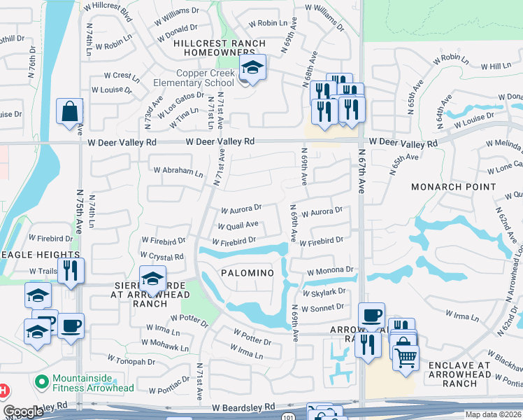 map of restaurants, bars, coffee shops, grocery stores, and more near 6969 West Aurora Drive in Glendale