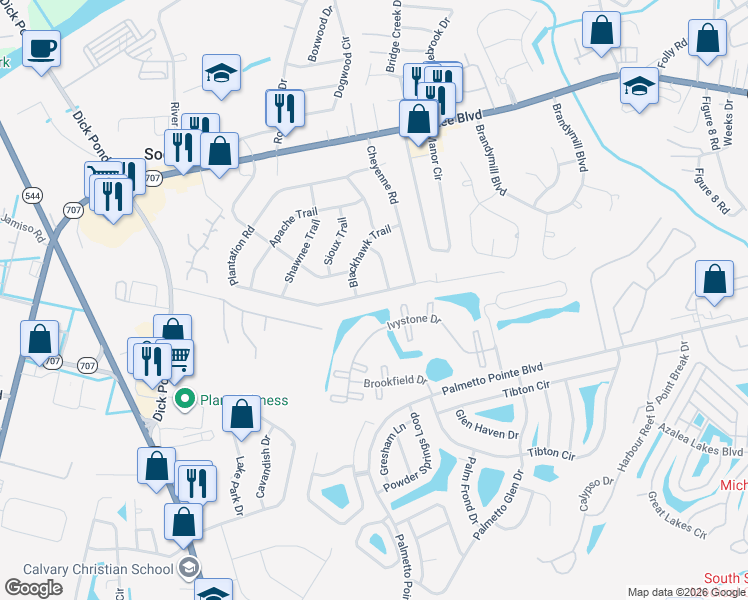 map of restaurants, bars, coffee shops, grocery stores, and more near 94 Plantation Road in Myrtle Beach