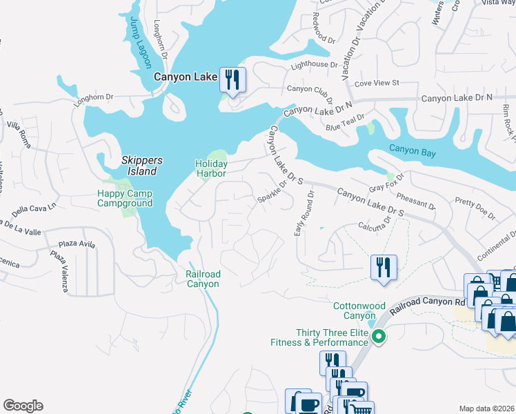 map of restaurants, bars, coffee shops, grocery stores, and more near 30470 Sparkle Drive in Canyon Lake