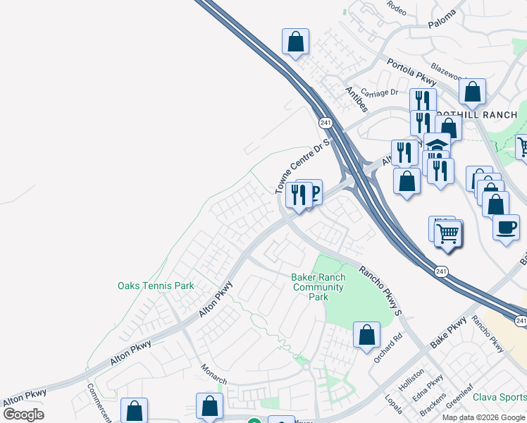 map of restaurants, bars, coffee shops, grocery stores, and more near 21 Savannah in Lake Forest