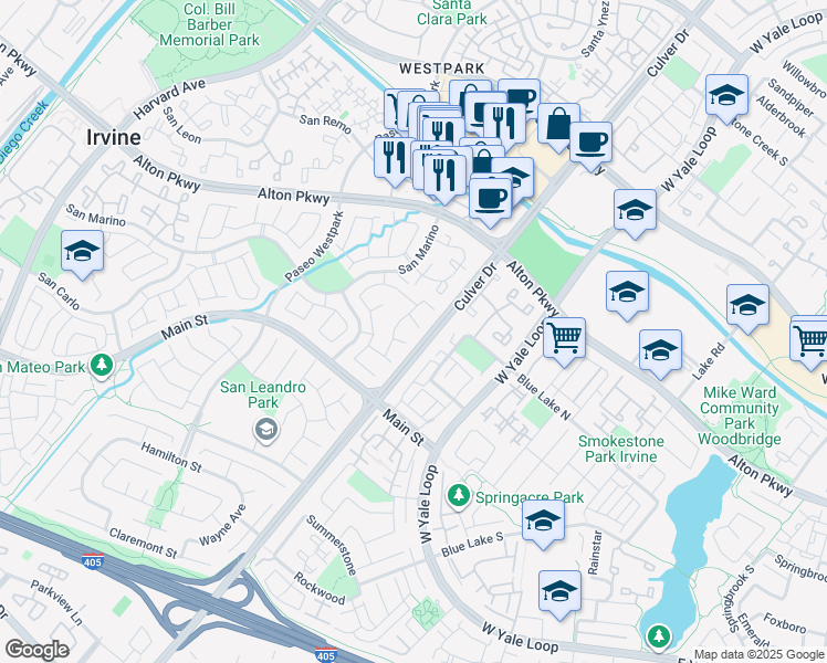 map of restaurants, bars, coffee shops, grocery stores, and more near 7 Malaga in Irvine