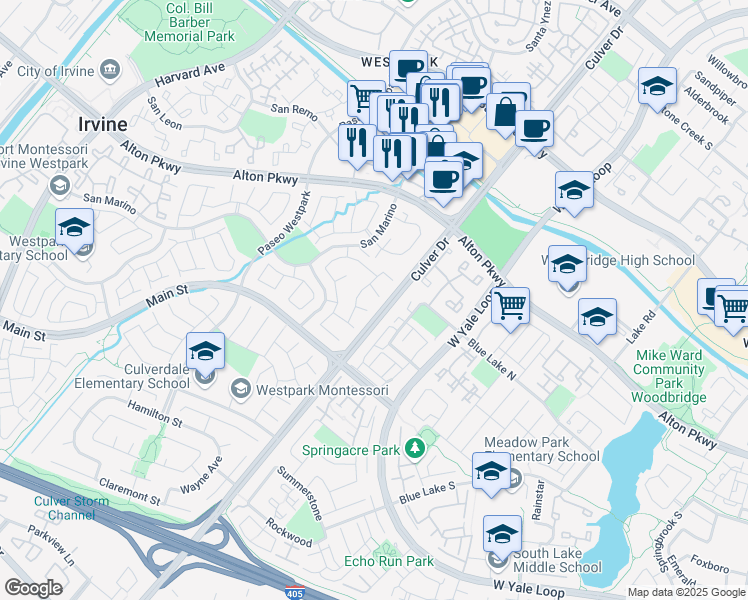 map of restaurants, bars, coffee shops, grocery stores, and more near 7 Malaga in Irvine