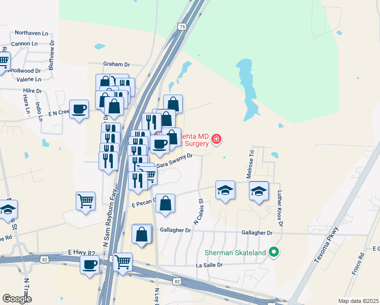 map of restaurants, bars, coffee shops, grocery stores, and more near 1005 East Sara Swamy Drive in Sherman