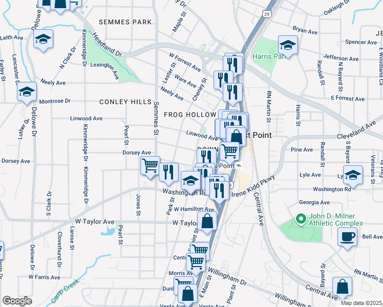 map of restaurants, bars, coffee shops, grocery stores, and more near 2834 Church Street in Atlanta