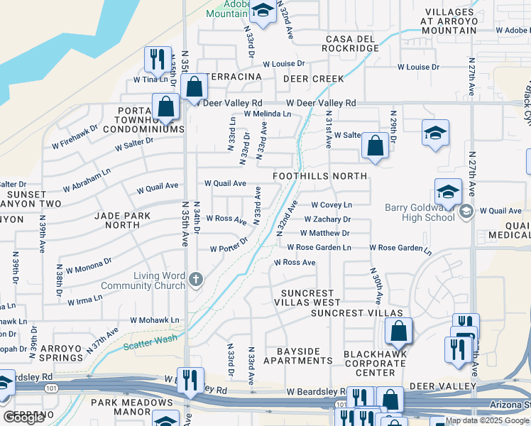 map of restaurants, bars, coffee shops, grocery stores, and more near 3221 West Beaubien Drive in Phoenix