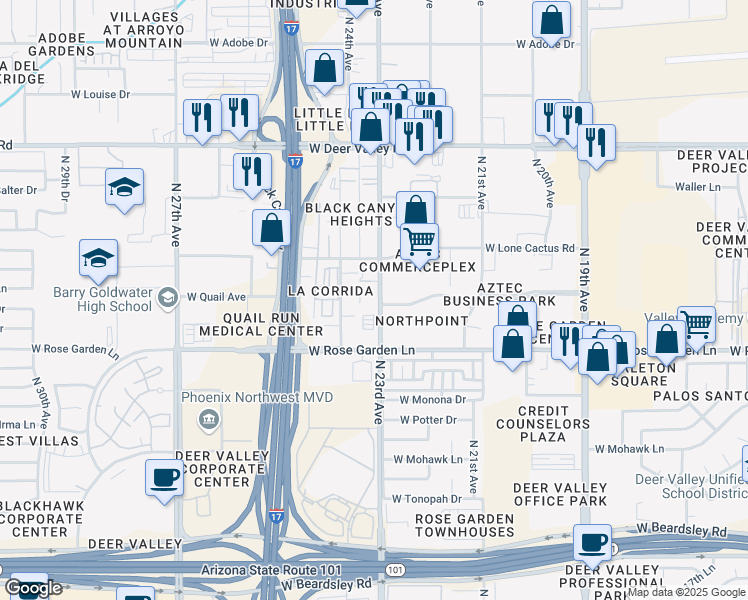 map of restaurants, bars, coffee shops, grocery stores, and more near 21050 North 23rd Avenue in Phoenix