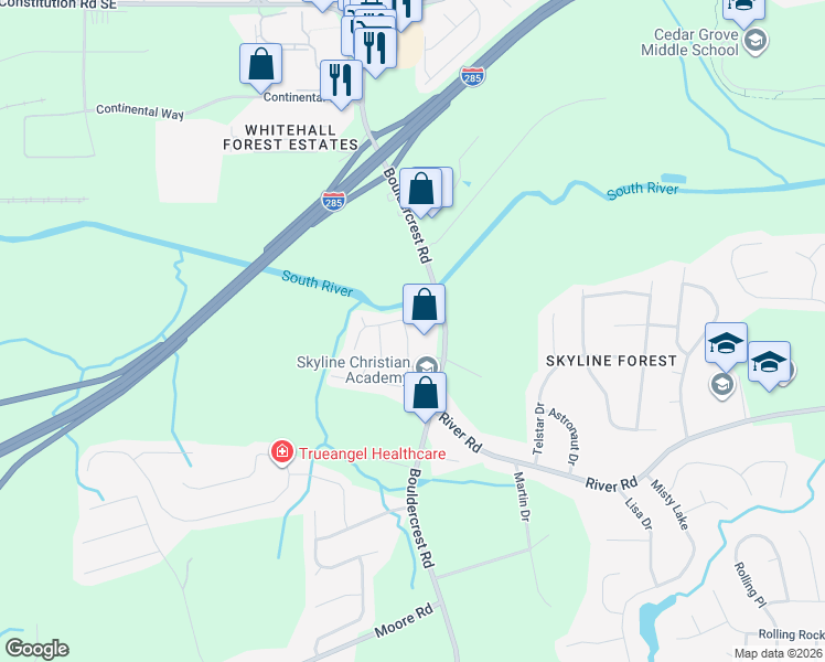 map of restaurants, bars, coffee shops, grocery stores, and more near 3584 Boulder Circle in Ellenwood