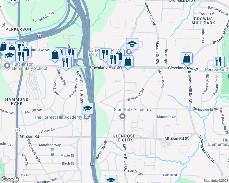 map of restaurants, bars, coffee shops, grocery stores, and more near 2829 Hapeville Road Southwest in Atlanta