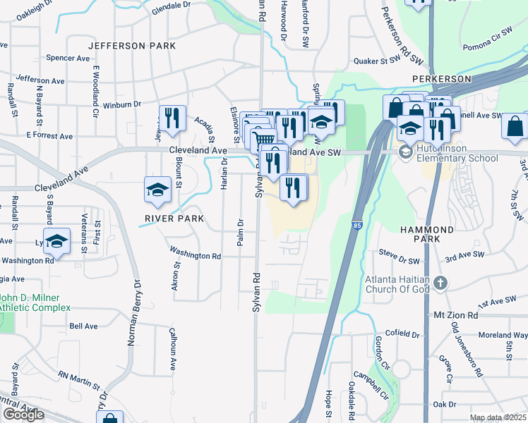 map of restaurants, bars, coffee shops, grocery stores, and more near 2812 Sylvan Road in Atlanta