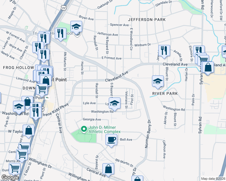 map of restaurants, bars, coffee shops, grocery stores, and more near 1271 Gus Thornhill in East Point