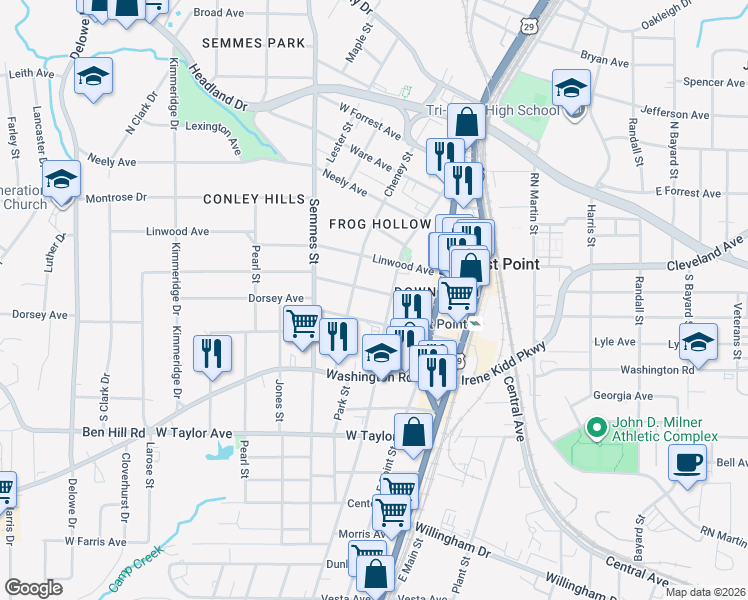 map of restaurants, bars, coffee shops, grocery stores, and more near 1739 Dorsey Avenue in East Point