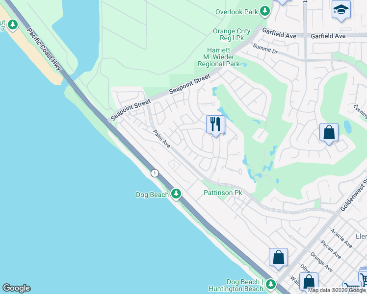 map of restaurants, bars, coffee shops, grocery stores, and more near 6051 Shadowbrook Circle in Huntington Beach