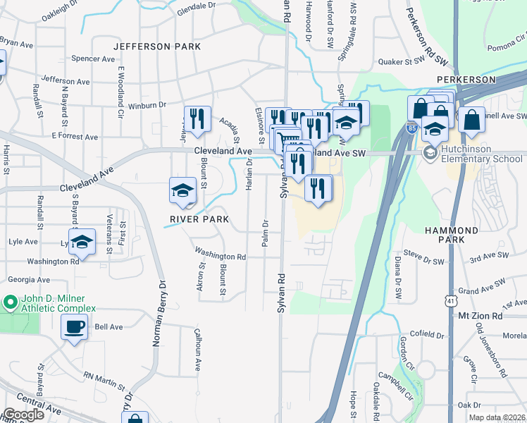 map of restaurants, bars, coffee shops, grocery stores, and more near 2811 Palm Drive in East Point