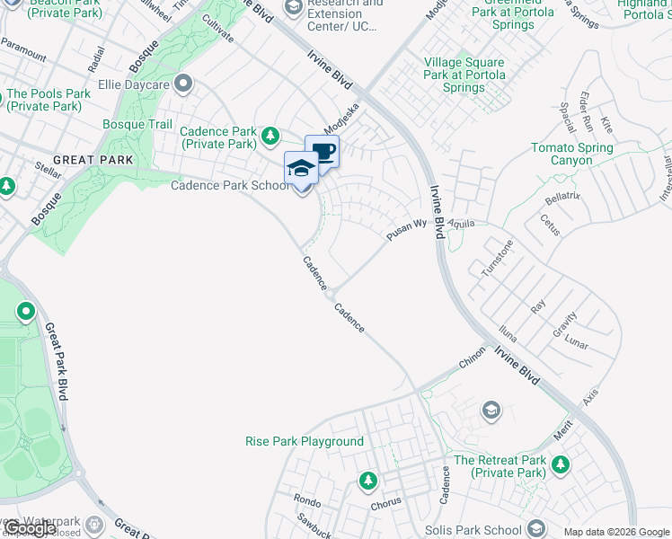 map of restaurants, bars, coffee shops, grocery stores, and more near 138 Spectacle in Irvine