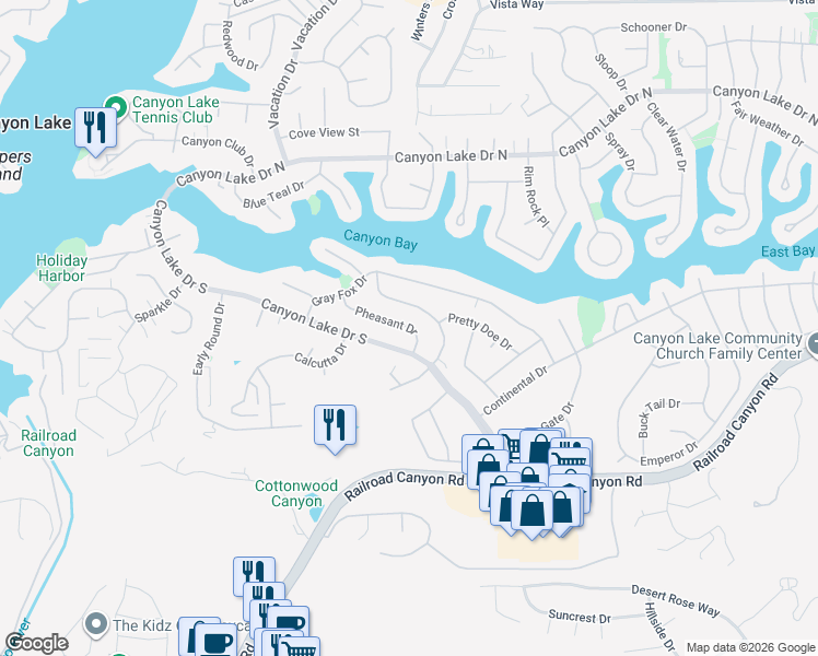 map of restaurants, bars, coffee shops, grocery stores, and more near 23028 Pheasant Drive in Canyon Lake
