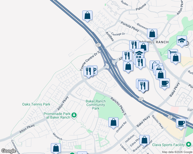 map of restaurants, bars, coffee shops, grocery stores, and more near 200 Sunflower in Lake Forest