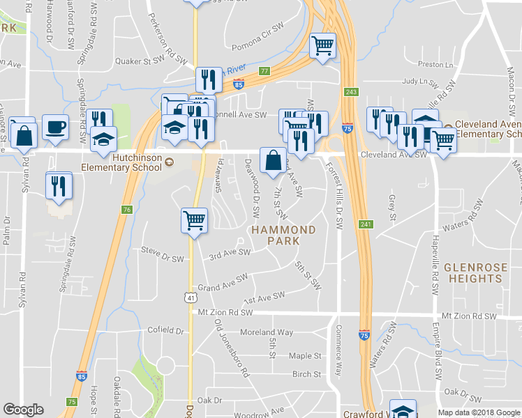 map of restaurants, bars, coffee shops, grocery stores, and more near 2804 Dearwood Drive Southwest in Atlanta