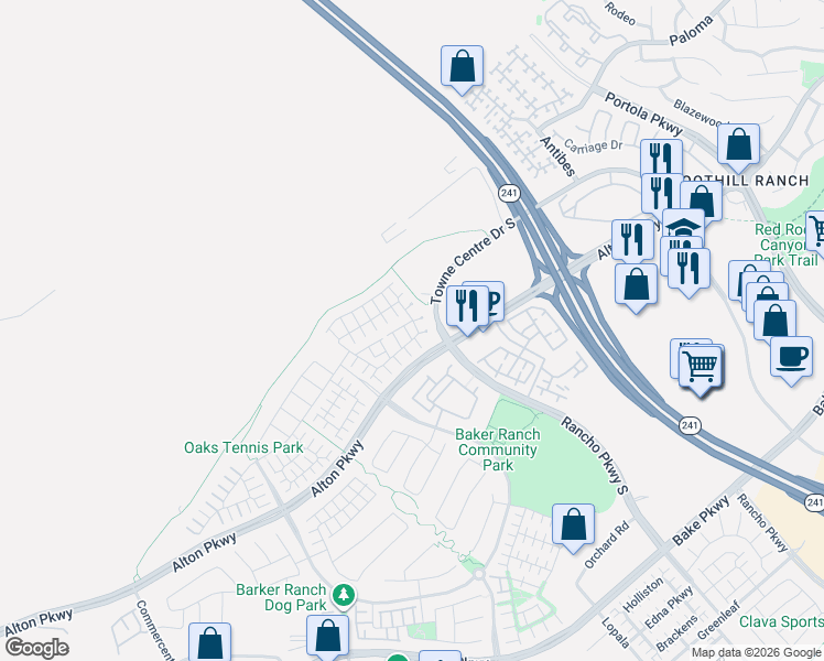 map of restaurants, bars, coffee shops, grocery stores, and more near 13 Savannah in Lake Forest