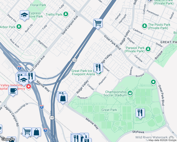 map of restaurants, bars, coffee shops, grocery stores, and more near 112 Fairbridge in Irvine