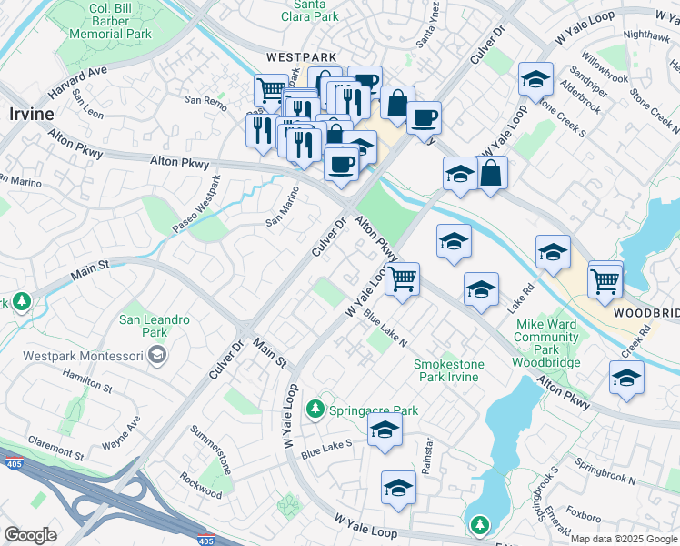 map of restaurants, bars, coffee shops, grocery stores, and more near 1 Greenfield in Irvine