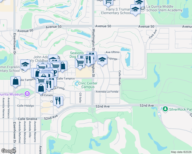 map of restaurants, bars, coffee shops, grocery stores, and more near 78-495 Calle Tampico in La Quinta