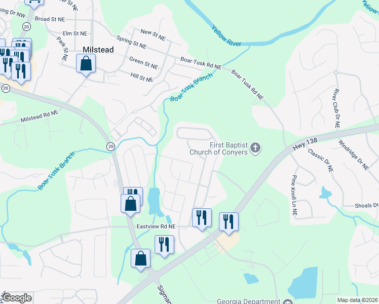 map of restaurants, bars, coffee shops, grocery stores, and more near 1910 Keystone Way in Conyers
