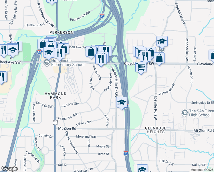 map of restaurants, bars, coffee shops, grocery stores, and more near 2805 Grand Avenue Southwest in Atlanta