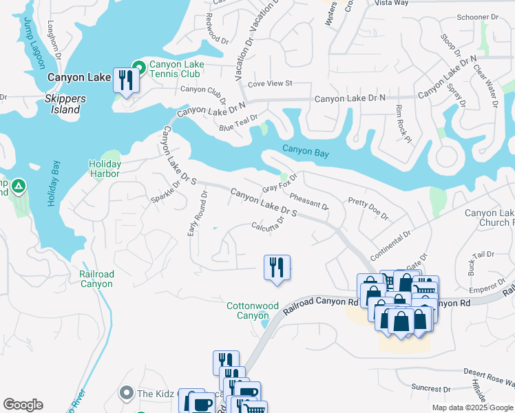 map of restaurants, bars, coffee shops, grocery stores, and more near 22755 Canyon Lake Drive South in Canyon Lake