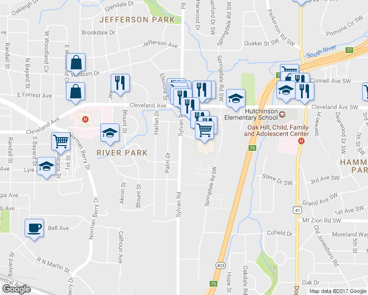 map of restaurants, bars, coffee shops, grocery stores, and more near 2812 Sylvan Road in Atlanta