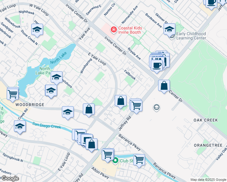 map of restaurants, bars, coffee shops, grocery stores, and more near 102 East Yale Loop in Irvine