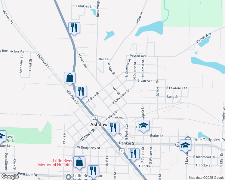 map of restaurants, bars, coffee shops, grocery stores, and more near 571 Oak Street in Ashdown