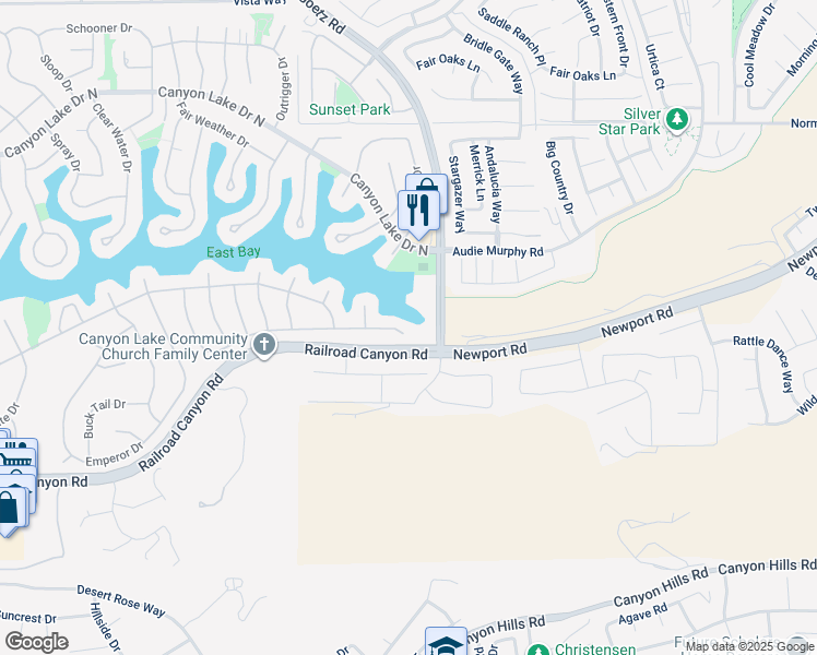 map of restaurants, bars, coffee shops, grocery stores, and more near 24314 Cruise Circle Drive in Canyon Lake