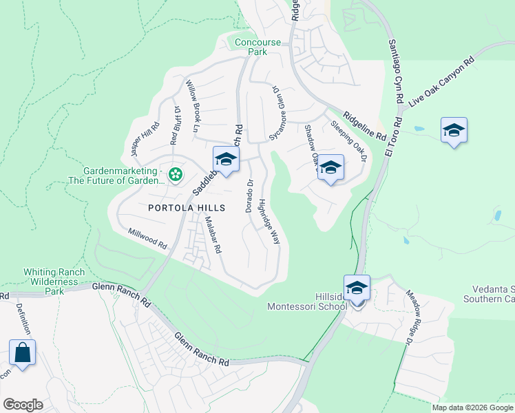 map of restaurants, bars, coffee shops, grocery stores, and more near 19535 Highridge Way in Trabuco Canyon