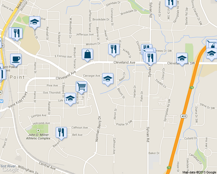 map of restaurants, bars, coffee shops, grocery stores, and more near 2809 Blount Street in East Point