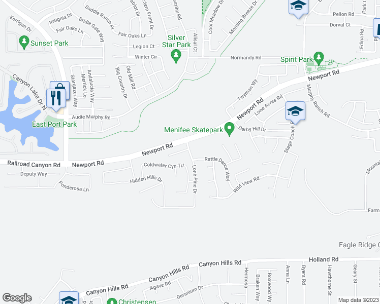 map of restaurants, bars, coffee shops, grocery stores, and more near 30592 Lone Pine Drive in Menifee