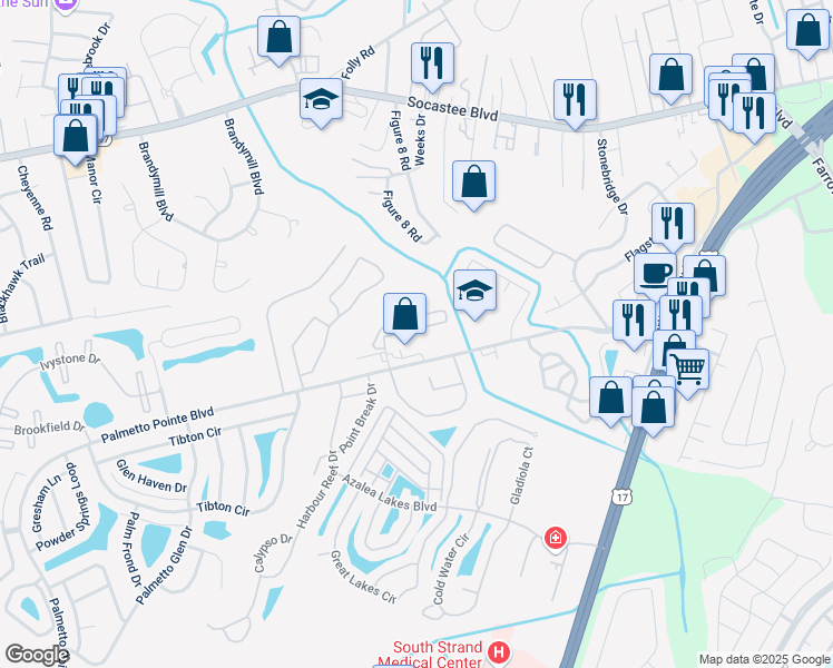 map of restaurants, bars, coffee shops, grocery stores, and more near 3800 Palmetto Pointe Boulevard in Myrtle Beach