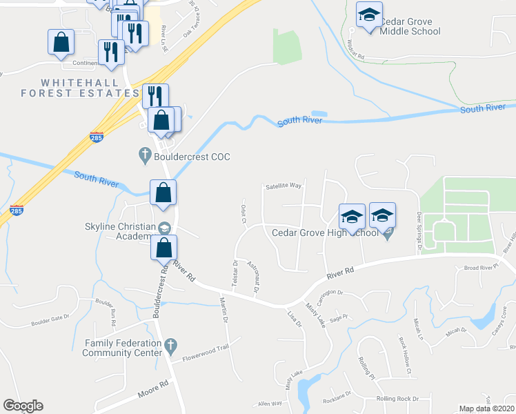 map of restaurants, bars, coffee shops, grocery stores, and more near 3569 Satellite Boulevard in Ellenwood