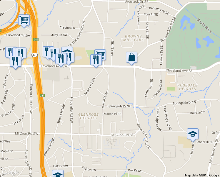 map of restaurants, bars, coffee shops, grocery stores, and more near 2800 Macon Drive Southeast in Atlanta