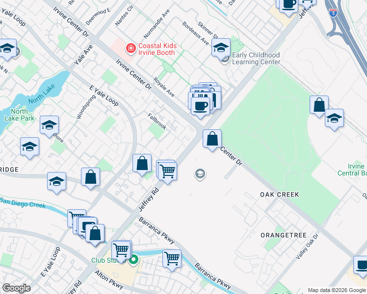 map of restaurants, bars, coffee shops, grocery stores, and more near 18 Fallbrook in Irvine