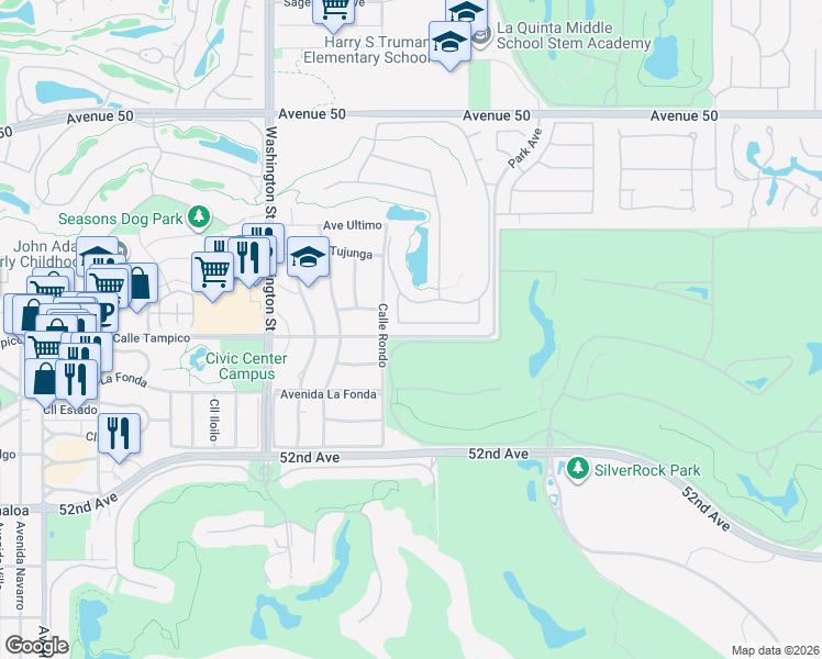 map of restaurants, bars, coffee shops, grocery stores, and more near 78863 Breckenridge Drive in La Quinta