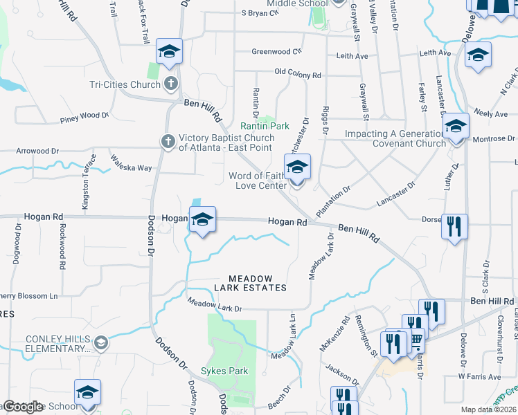 map of restaurants, bars, coffee shops, grocery stores, and more near 2525 Hogan Road in East Point