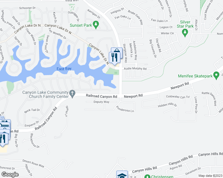 map of restaurants, bars, coffee shops, grocery stores, and more near 24314 Cruise Circle Drive in Canyon Lake