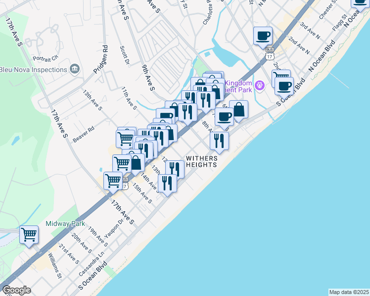map of restaurants, bars, coffee shops, grocery stores, and more near 401 10th Avenue South in Myrtle Beach