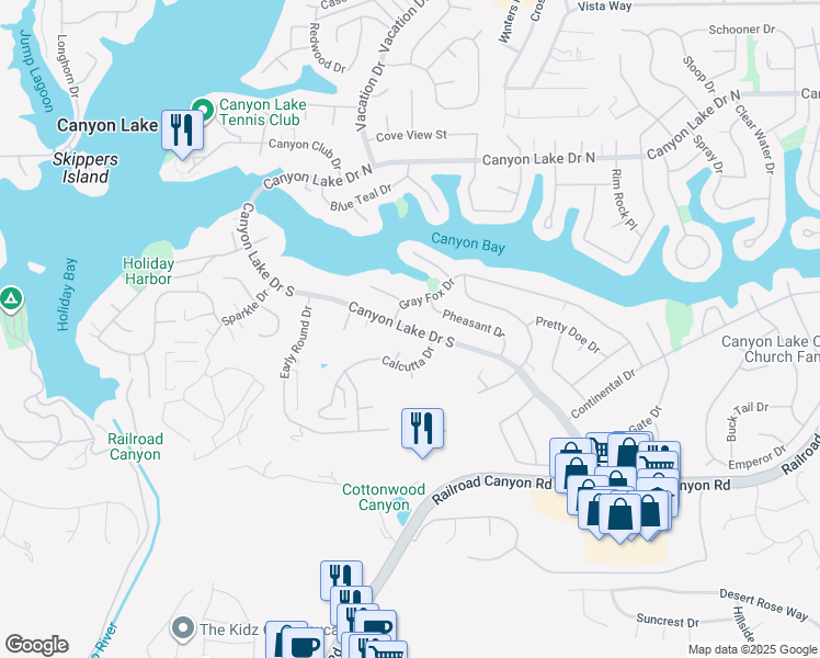 map of restaurants, bars, coffee shops, grocery stores, and more near Canyon Lake Drive South in Canyon Lake